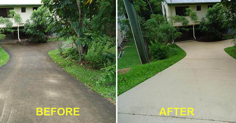 Before and after of a cleaned driveway