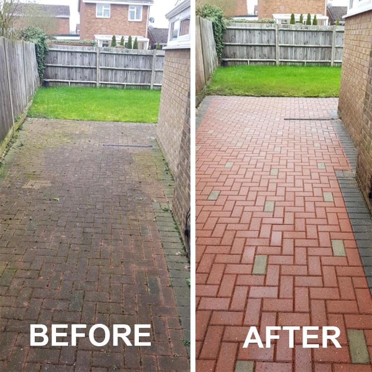 Before and after of a cleaned patio