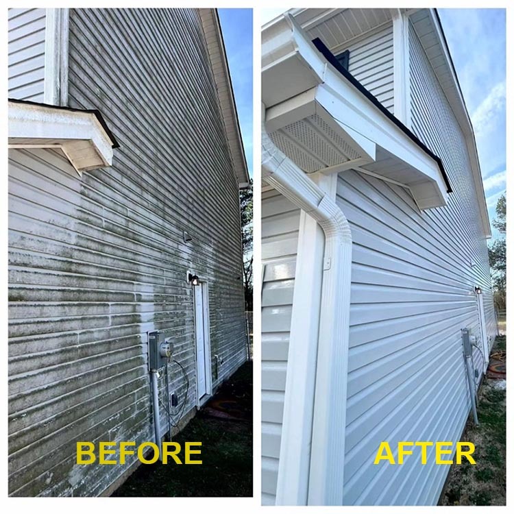 Before and after of cleaned house siding